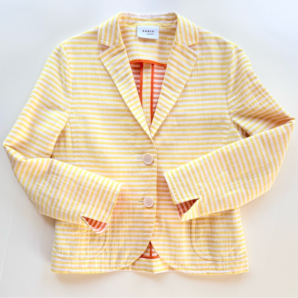 Akris Punto Striped Linen Cotton Blend Yellow & White Blazer Size 6 US